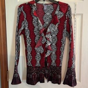 Laura Scott-XL-red, black, white-Stretchy, button up, ruffled, V-neck blouse/top